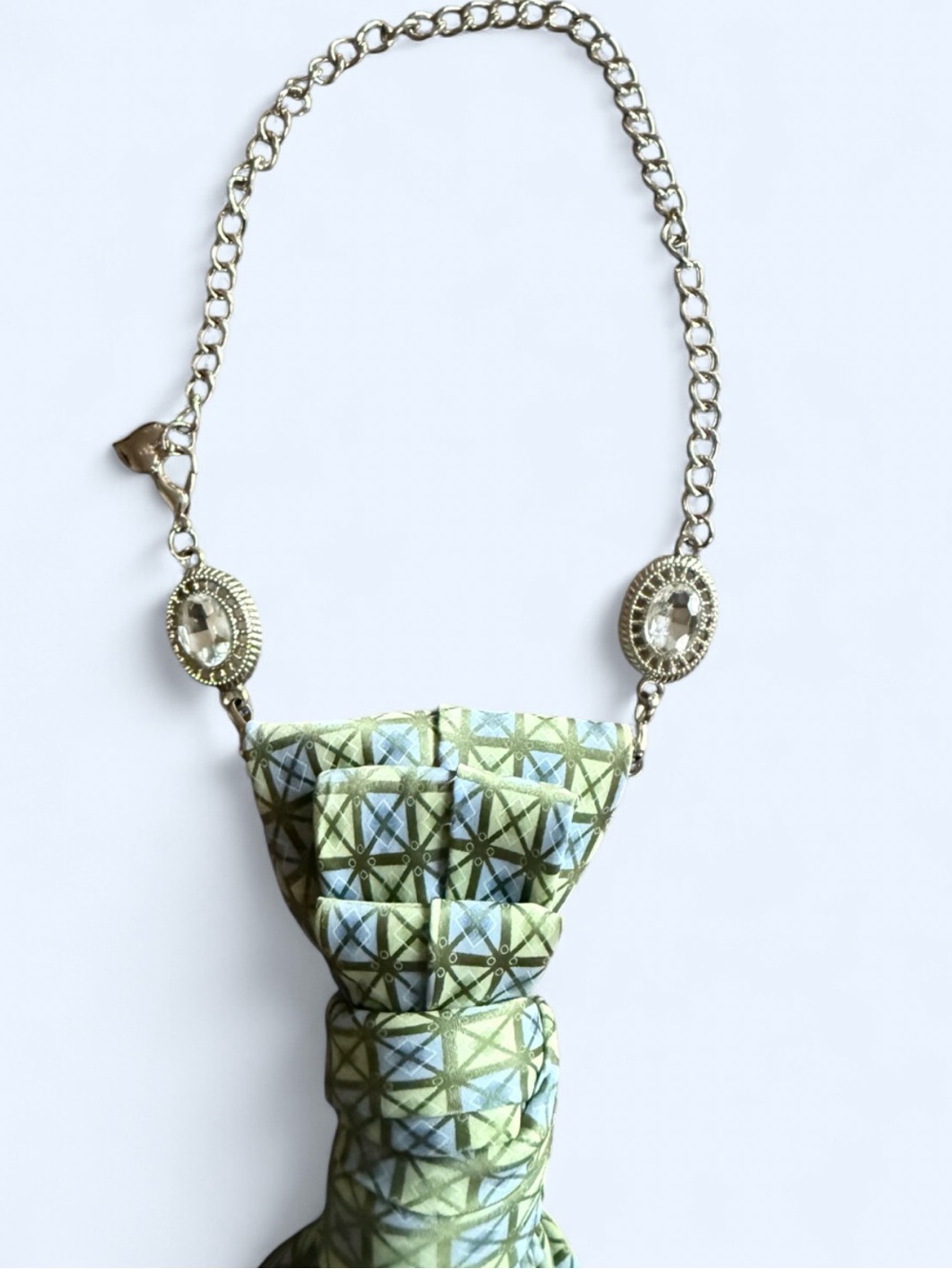 Geometric Green Blue Tie Necklace with Pearl Fringe Boho Chic Festival Vibes - Picture 4 of 4